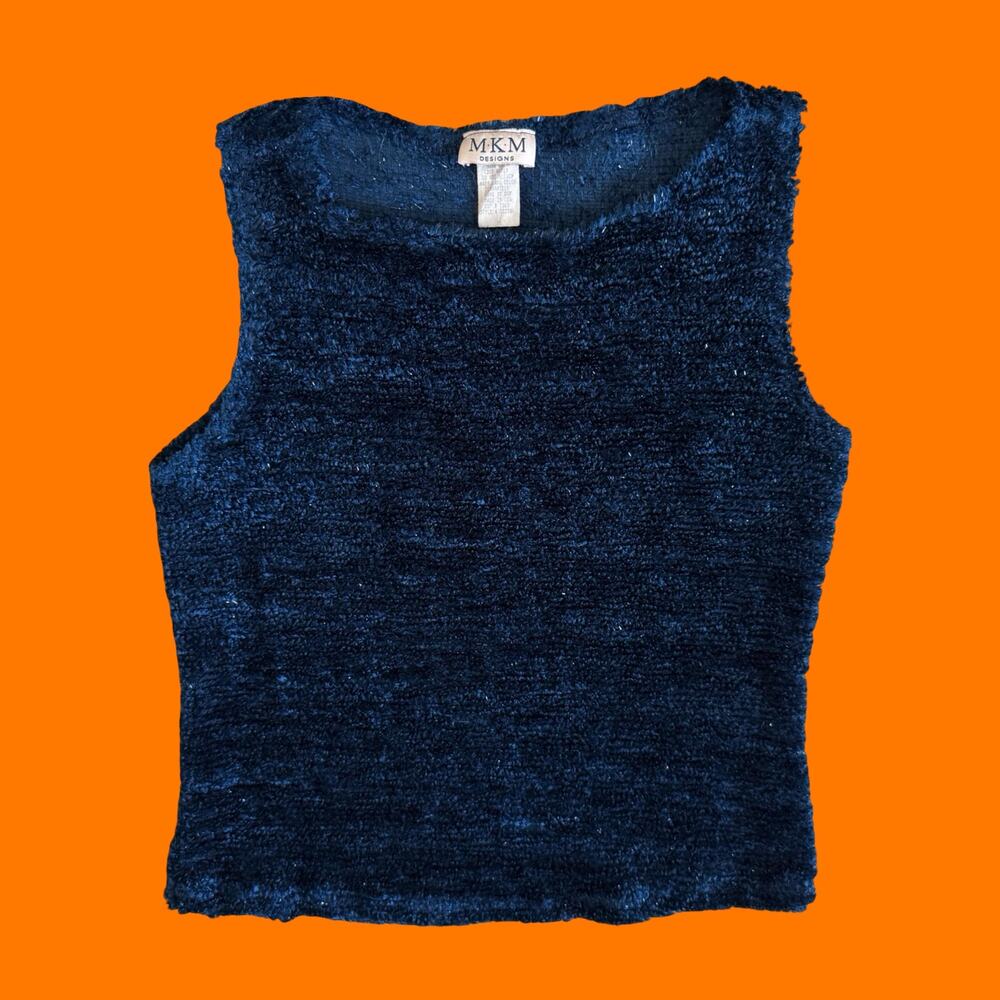 90's vintage blue fuzzy furry shaggy glittery bodycon tank top MEDIUM mkm
